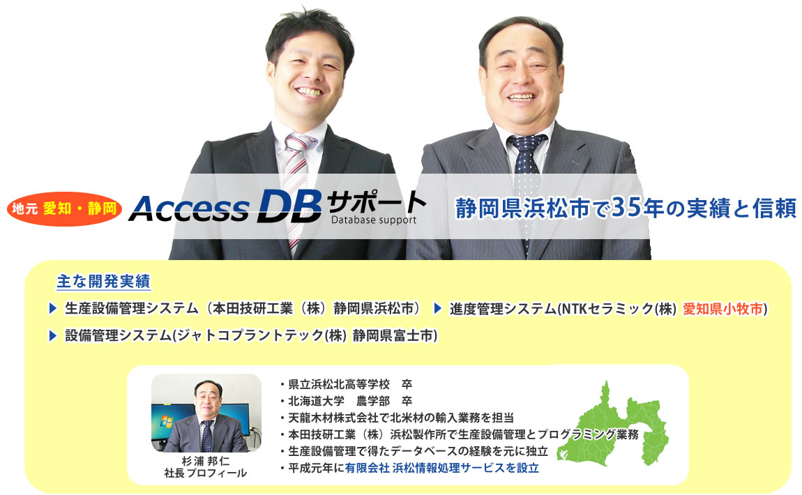 Access DBサポート、地元静岡 静岡県浜松市で35年の実績と信頼 主な開発実績 生産設備管理、業務管理システム、売上・仕入・在庫管理システム